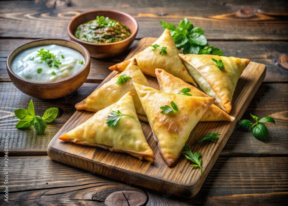 Golden triangle hand pies with crispy filo pastry and savory fillings arranged on a rustic wooden board with a refreshing side of cool tzatziki dip. Golden triangle hand pies with crispy filo pastry and savory fillings arranged on a rustic wooden board with a refreshing side of cool tzatziki dip.