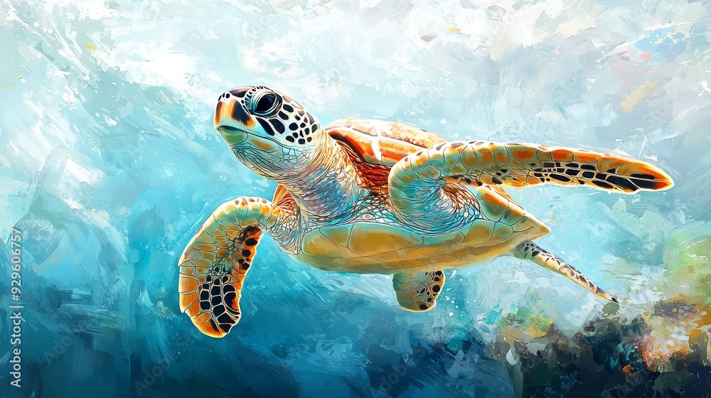 Obraz premium Watercolor sea turtle gracefully swimming through a coral reef, with soft, fluid lines.
