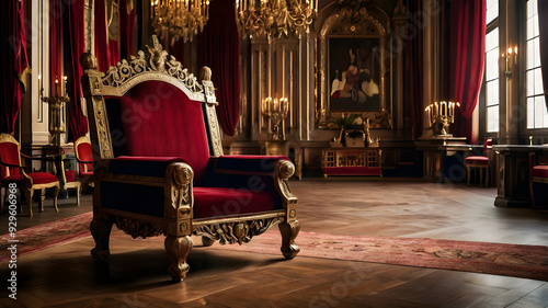 A red chair with a gold frame and red curtains with candles on it.