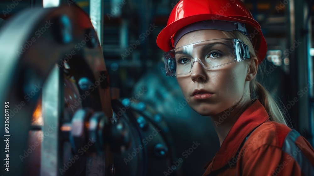A close-up portrait of a factory lady worker wearing a hard hat and safety goggles. focus on the worker's determined expression. A close-up portrait of a factory lady worker wearing a hard hat and safety goggles. focus on the worker's determined expression.