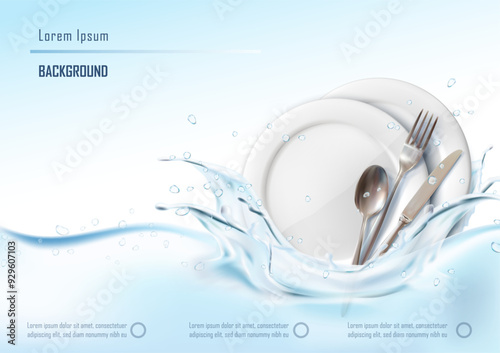 3d realistic vector illustration. Washing dishes banner. Clean white plates with cutlery, spoon, fork and knife with water splashes.