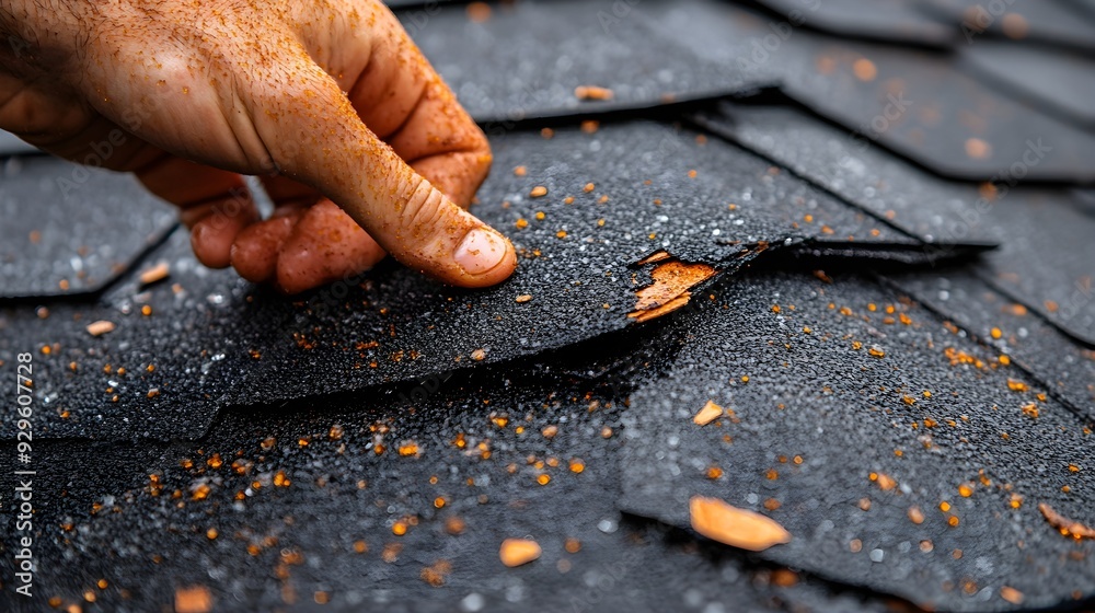Granule loss on shingles after a hailstorm, with a hand gently brushing over the damaged surface, reflecting concern and the need for repair Granule loss on shingles after a hailstorm, with a hand gently brushing over the damaged surface, reflecting concern and the need for repair