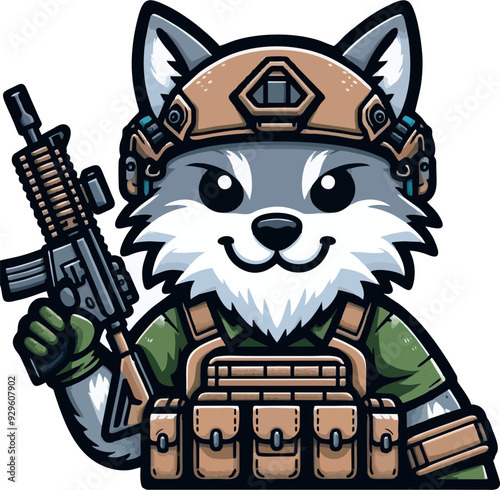 VECTOR CUTE AND CUTE WOLF WEARING A TACTICAL VEST