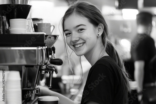 A student working a part-time job at a coffee shop, serving drinks to customers with a friendly smile