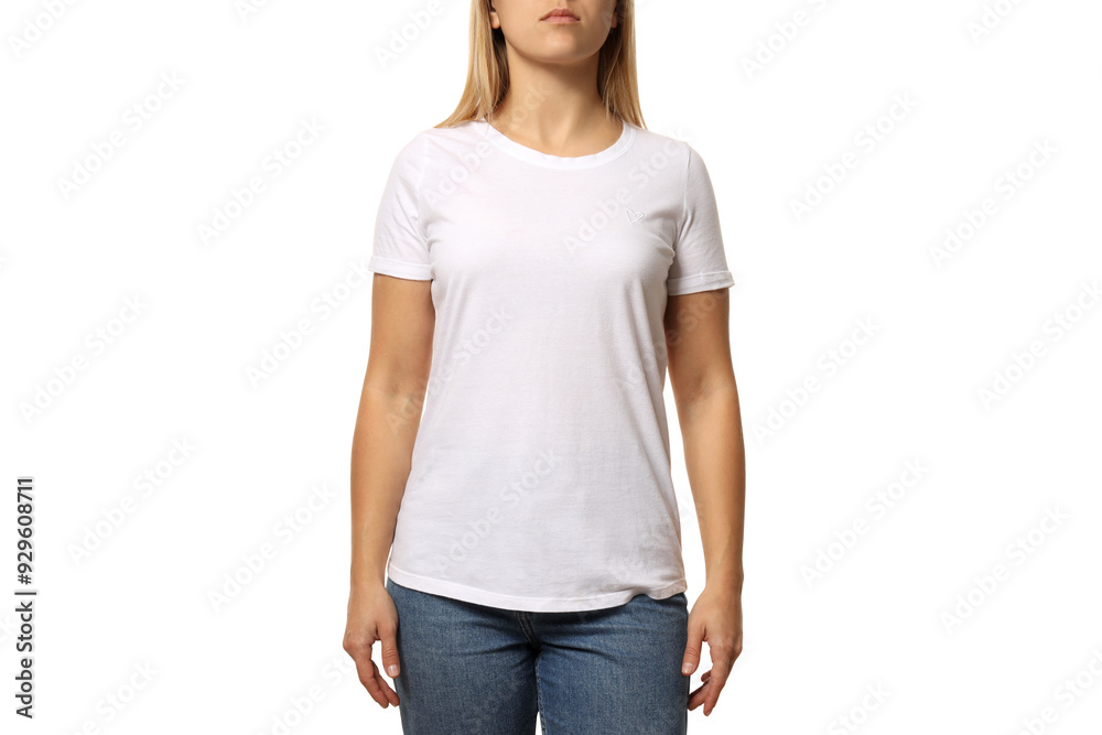 Obraz premium PNG,A young woman in a white T-shirt, isolated on white background