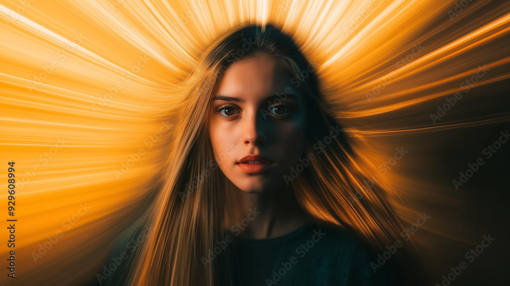 A dynamic portrait of a young woman, eyes locked on the camera, with a blurred, motion-filled background A dynamic portrait of a young woman, eyes locked on the camera, with a blurred, motion-filled background