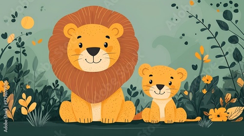 A Lion and Cub in a Lush Jungle Setting photo