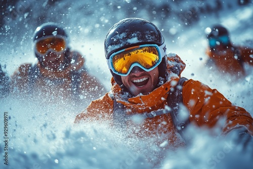 A group of friends enjoying a day of skiing with l 0425 swimming, water, mask, child, sport, pool, woman, snow, boy, fun, winter, sea, snorkel, summer, scuba, diving, goggles, swimmer, swim, beach, bl photo