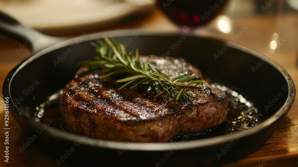 A succulent steak served on a cast-iron skillet, garnished with rosemary, and placed on a wooden table with a glass of red wine in the background. A succulent steak served on a cast-iron skillet, garnished with rosemary, and placed on a wooden table with a glass of red wine in the background.