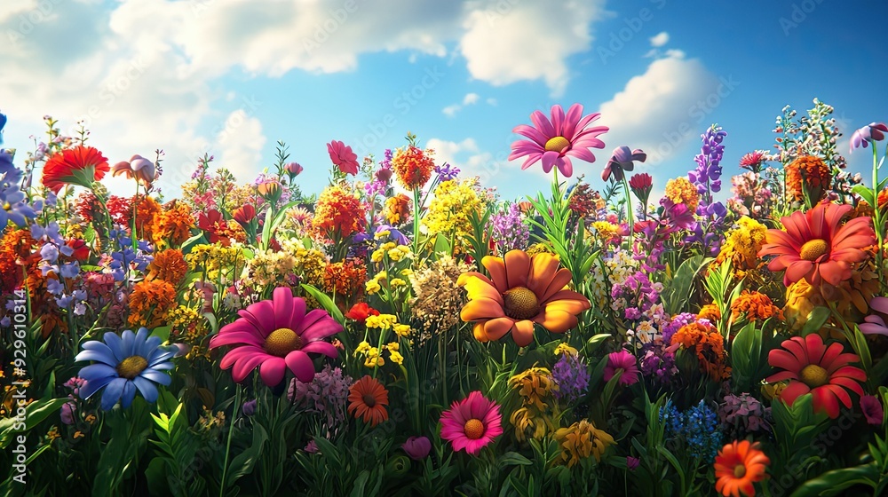 Vibrant Wildflowers in a Lush Meadow Under a Blue Sky Vibrant Wildflowers in a Lush Meadow Under a Blue Sky