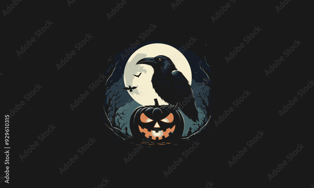 crow on the pumpkins night vector illustration artwork design
