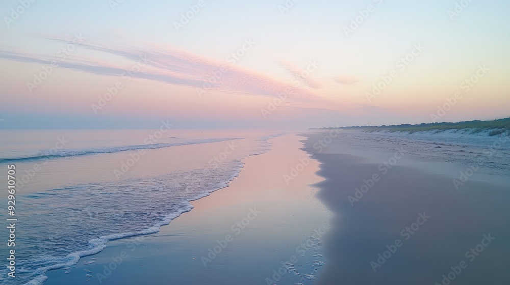Fototapeta premium A serene beach at dawn with calm waves and soft pastel colors reflecting on the water.