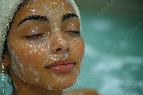 A woman enjoying a relaxing day at the spa receivi 0282 woman, mask, face, beauty, facial, spa, skin, treatment, care, skincare, health, head, clay, cosmetic, relaxation, salon, clean, therapy, cosmet photo