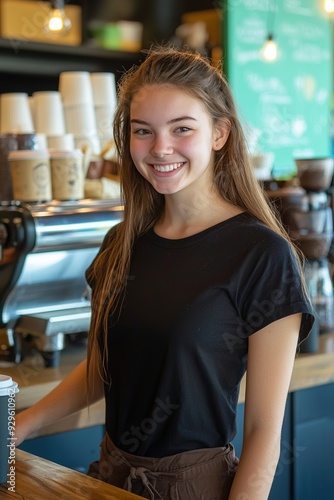 A student working a part-time job at a coffee shop, serving drinks to customers with a friendly smile