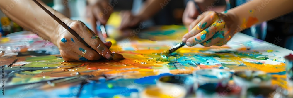 Fototapeta premium People expressing themselves doing art during an art therapy workshop, with paints, brushes, canvases. Therapeutic benefits of creativity and self-expression in mental health and emotional well-being