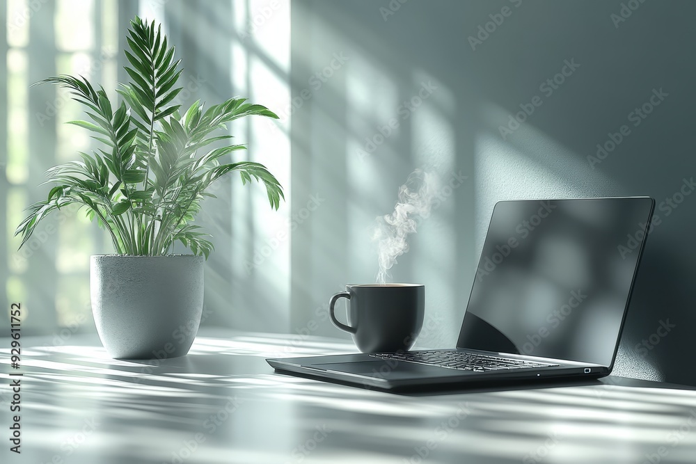 Capture a long shot of a sleek black laptop a stea 0160 cup, coffee, drink, tea, mug, beverage, laptop, cafe, table, breakfast, saucer, computer, espresso, hot, break, object, spoon, black, office, co Capture a long shot of a sleek black laptop a stea 0160 cup, coffee, drink, tea, mug, beverage, laptop, cafe, table, breakfast, saucer, computer, espresso, hot, break, object, spoon, black, office, co