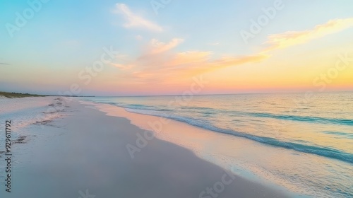 A serene beach at sunset with gentle waves and colorful sky reflections.