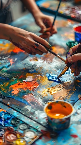 People expressing themselves doing art during an art therapy workshop, with paints, brushes, canvases. Therapeutic benefits of creativity and self-expression in mental health and emotional well-being