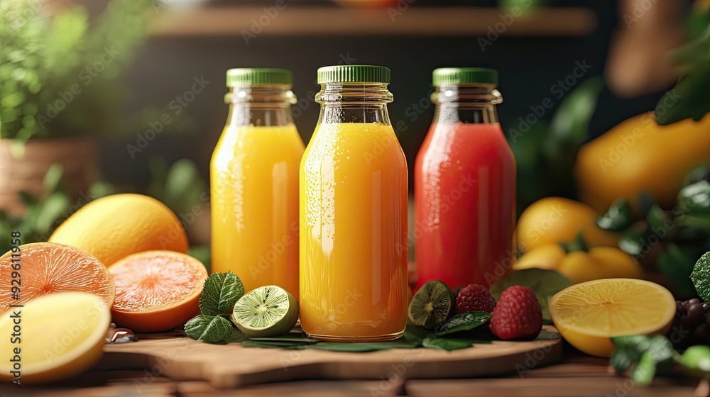 Freshly Squeezed Orange, Grapefruit, and Raspberry Juice Bottles