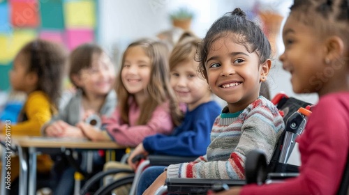 Group of children of different abilities in a classroom learning about diversity
