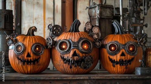 Pumpkins with steampunk-inspired masks, gears and metal elements, placed in an industrial setting, Halloween, fusion of styles photo