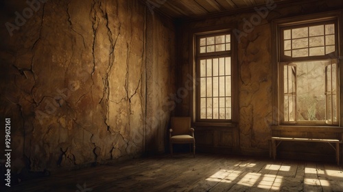 Old abandon luxury interior room with gold light from window. Generative Image