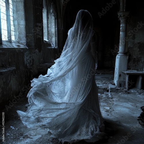 Ghostly apparition of a bride in a ruined chapel, her dress tattered and flowing, legends, tragic and eerie
