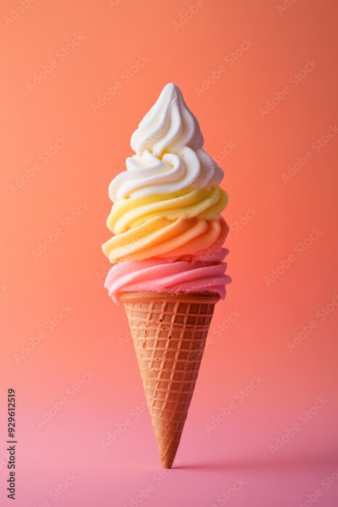 A colorful ice cream cone with swirls of pink, yellow, and white against a gradient background. A colorful ice cream cone with swirls of pink, yellow, and white against a gradient background.