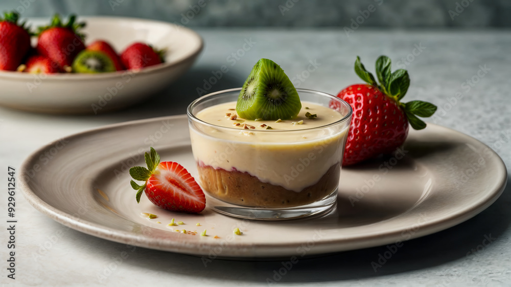 A vibrant dessert with layered strawberries, cream, and green matcha in a clear glass, garnished with mint leaf, against a neutral background, evoking freshness and indulgence. A vibrant dessert with layered strawberries, cream, and green matcha in a clear glass, garnished with mint leaf, against a neutral background, evoking freshness and indulgence.