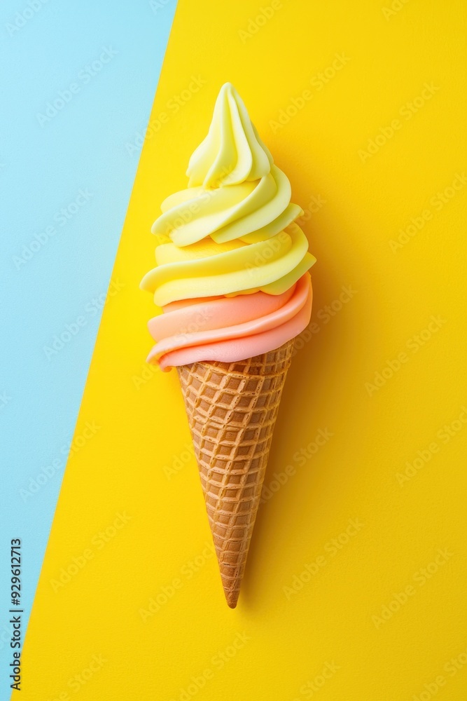 A colorful ice cream cone with yellow and pink swirls on a bright background. A colorful ice cream cone with yellow and pink swirls on a bright background.