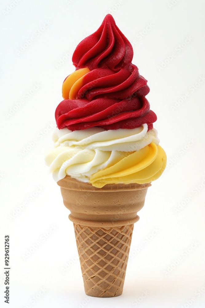 A colorful ice cream cone with swirls of red, yellow, and white flavors. A colorful ice cream cone with swirls of red, yellow, and white flavors.