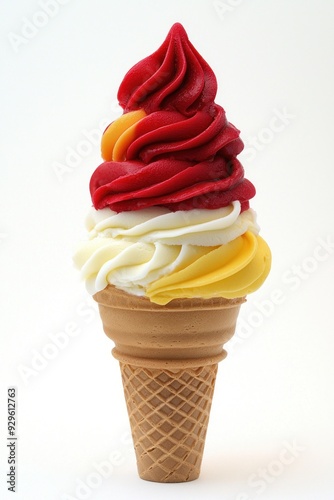 A colorful ice cream cone with swirls of red, yellow, and white flavors.