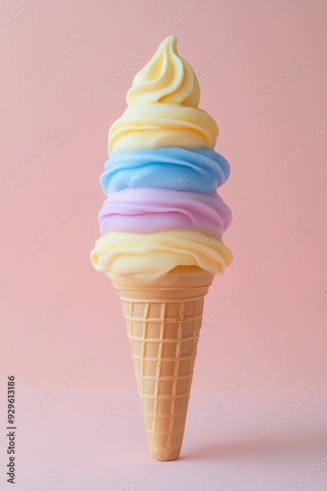 A colorful ice cream cone with swirls of pastel flavors against a pink background. A colorful ice cream cone with swirls of pastel flavors against a pink background.