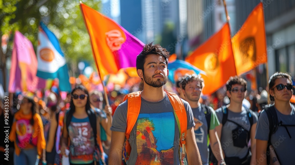 Obraz premium A parade with colorful flags and banners advocating for fair wages, workers marching with pride, [Labor Day celebration], [community and labor rights awareness]