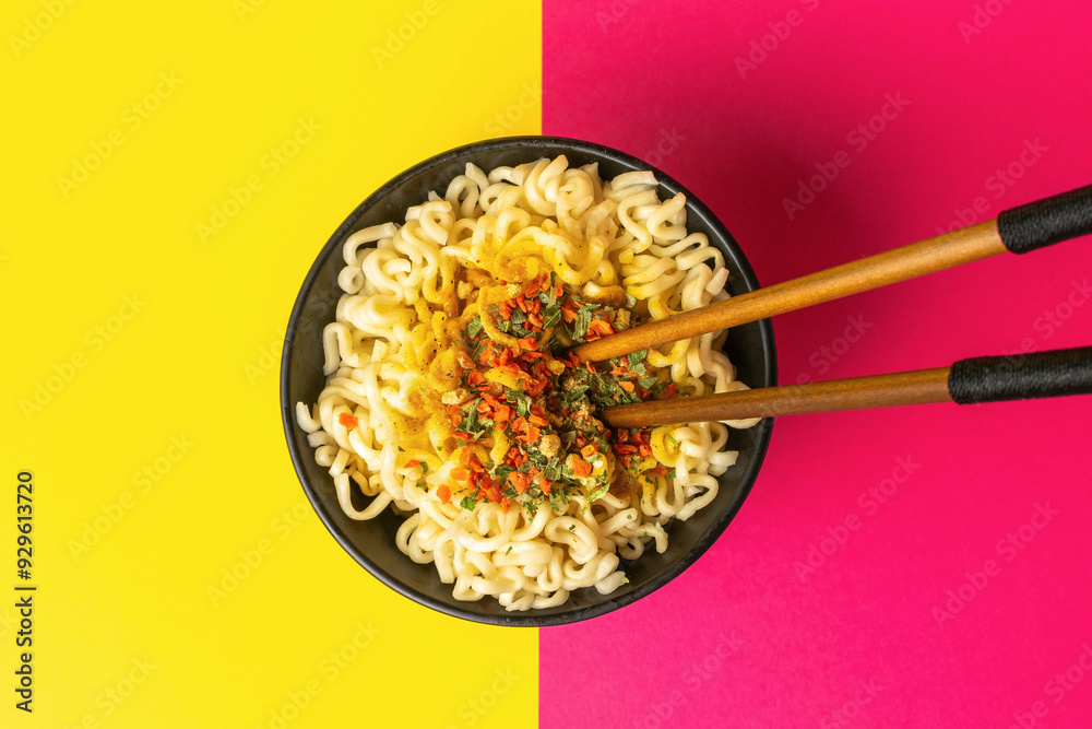 Colorful Artistic Bowl of Noodles with Chopsticks on Bold Yellow and Pink Background Colorful Artistic Bowl of Noodles with Chopsticks on Bold Yellow and Pink Background