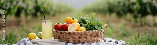 A peaceful garden picnic with fresh produce, herbal drinks, and a wellness book, symbolizing holistic living through diet and nature