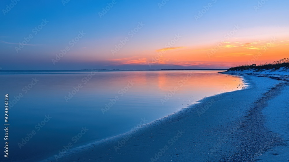 Obraz premium A serene beach at sunset, showcasing calm waters and a colorful sky.
