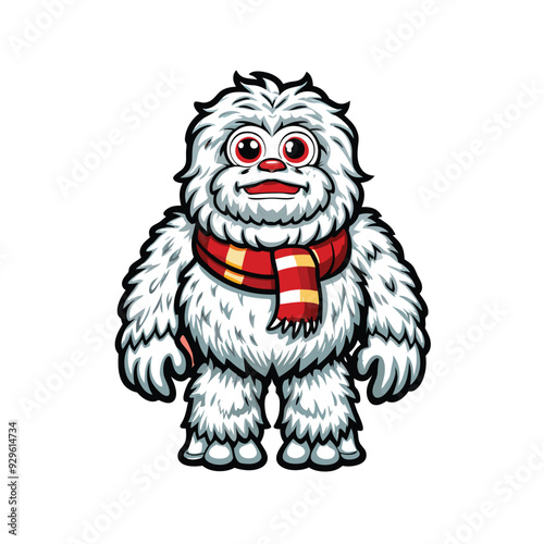 A friendly cartoon yeti monster wearing a red and yellow scarf, standing with large paws, and a big smile.