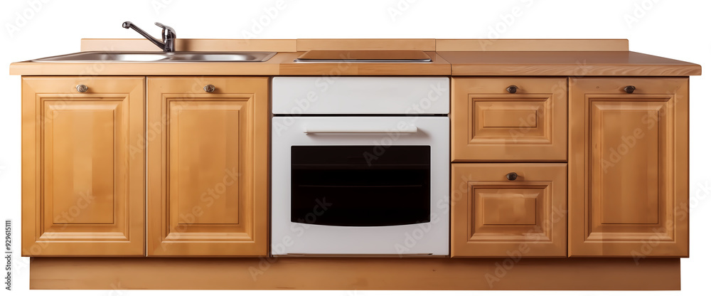 Front View Of a Wooden Kitchen cabinet with stove and sink PNG isolated on white and transparent background - Modern kitchen design Luxury home Interior architecture Front View Of a Wooden Kitchen cabinet with stove and sink PNG isolated on white and transparent background - Modern kitchen design Luxury home Interior architecture
