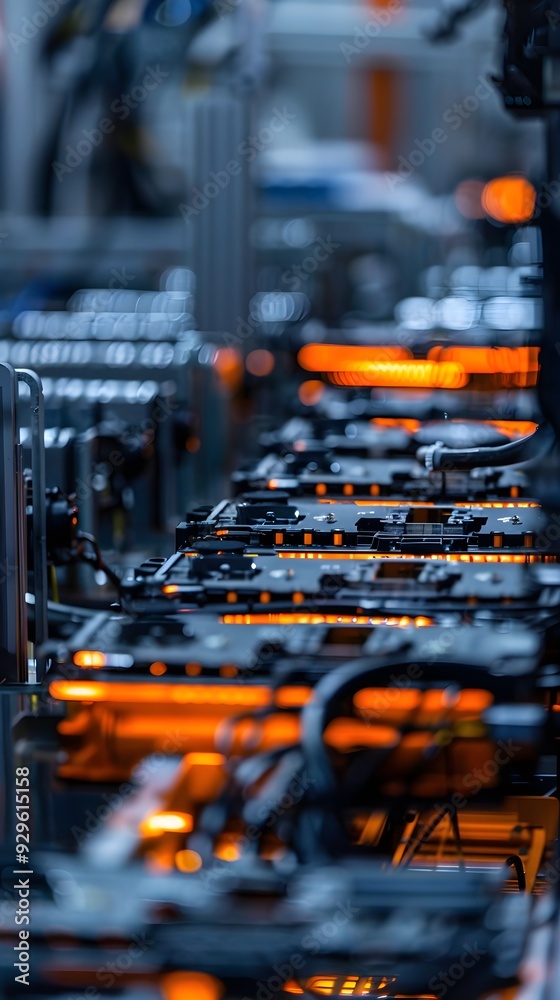 Mass production assembly line of electric vehicle battery cells close-up view Mass production assembly line of electric vehicle battery cells close-up view
