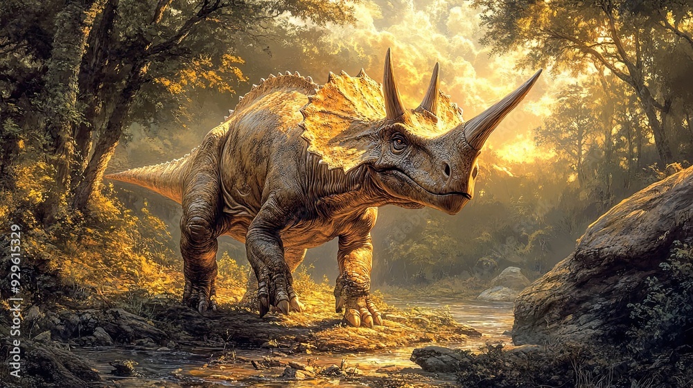 Fototapeta premium A Triceratops Dinosaur in a Woodland Setting at Sunset