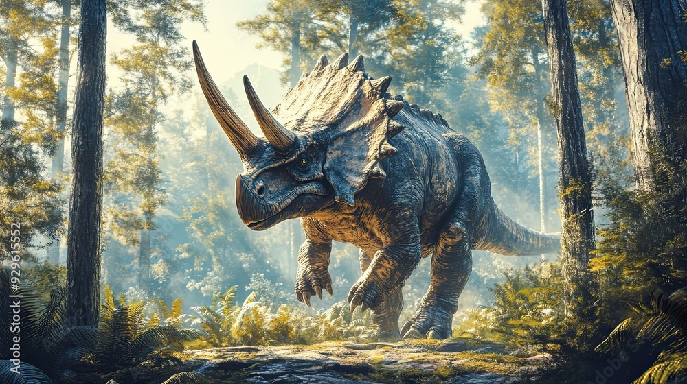 Fototapeta premium A Triceratops Dinosaur Walking Through a Forest