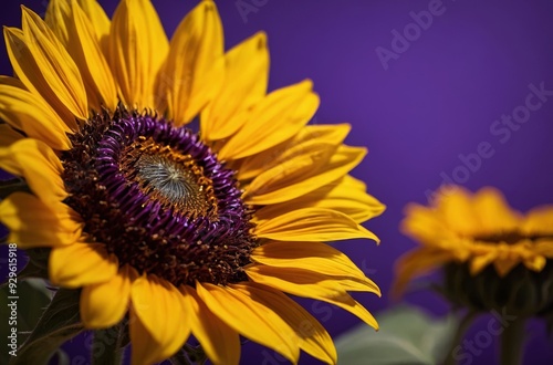 Close-up of sunflower with yellow petals and dark purple center against purple background