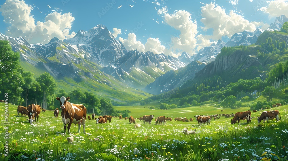 A wallpaper showing a herd of cows grazing in a lush green pasture with a farmer in the background A wallpaper showing a herd of cows grazing in a lush green pasture with a farmer in the background
