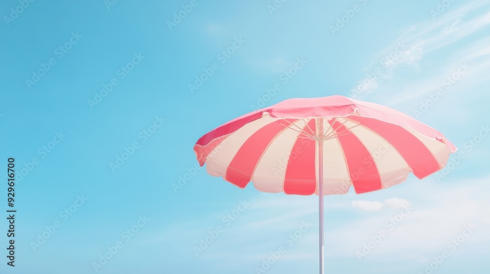A pink and white striped umbrella is sitting on a beach A pink and white striped umbrella is sitting on a beach
