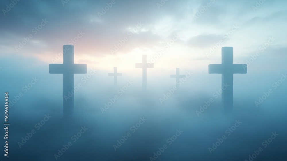 A group of four crosses are shown in a foggy sky A group of four crosses are shown in a foggy sky
