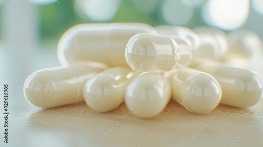 A stack of white pills on a wooden table A stack of white pills on a wooden table