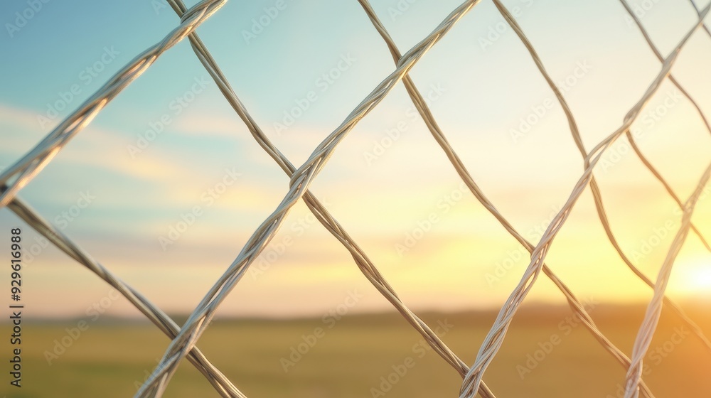 A wire fence with a view of the sky and a sunset A wire fence with a view of the sky and a sunset