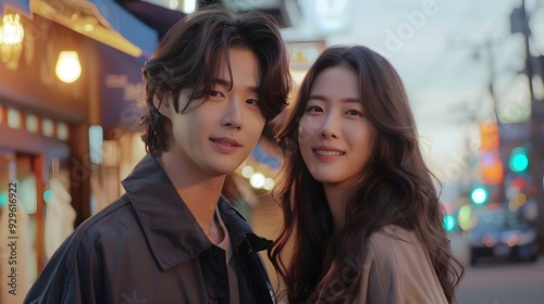 Korean couple like in a Korean drama with a modern man and woman with long beautiful hair