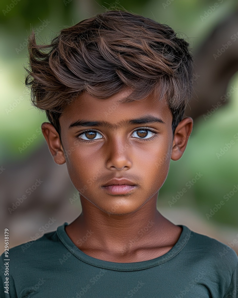 A portrait of a young boy with striking features and an intense gaze, set against a blurred natural background. A portrait of a young boy with striking features and an intense gaze, set against a blurred natural background.